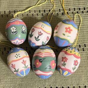Vintage Lot of 6 Hand Painted Easter Egg Ornaments Floral Wooden Wood? Spring